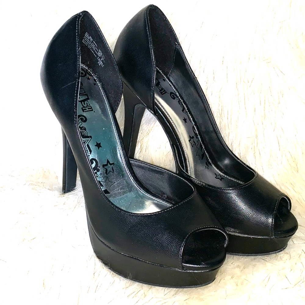 6” Black Faux Leather Open Toe Heels
